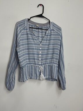 Coastal beachy long sleeve top Hem & thread striped relaxed blouse drawstring